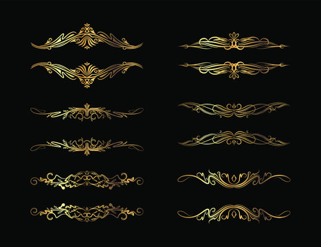 Set of of rich decorated vintage gold borders, frames, dividers for text isolated on a black background for your design.