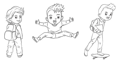 collection of cartoon boys going to school used for coloring book