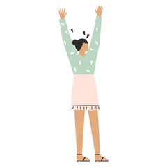 Flat vector simple illustration of a woman. Minimal drawing of a woman in pastel colors. Girl in green sweater and pink skirt standing, posing. Design element for 8 March cards, posters, banners.