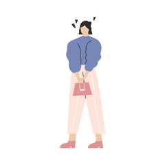 Flat vector simple illustration of a woman. Minimal drawing of a woman in pastel colors. Girl in blue sweater and pink jeans standing, posing. Design element for 8 March cards, posters, banners.