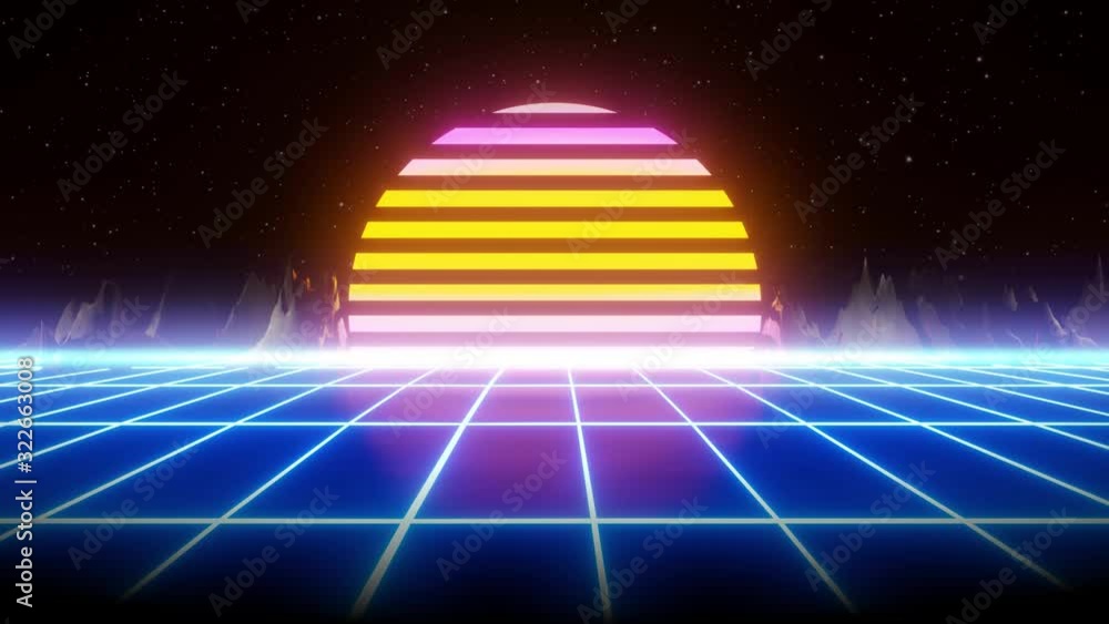 Wall mural 80s retro synthwave grid 3d render animation