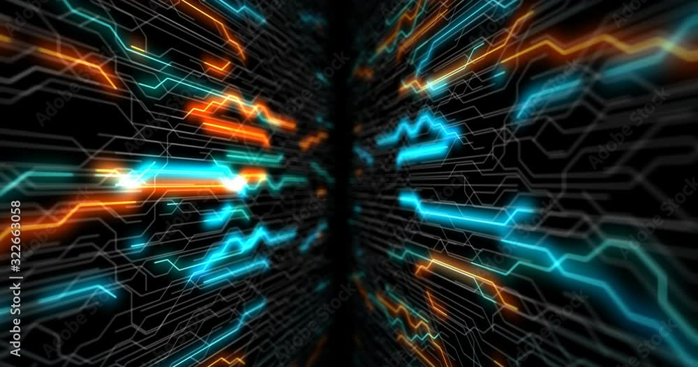 Poster circuit board futuristic server code processing. orange, green, blue technology background with boke