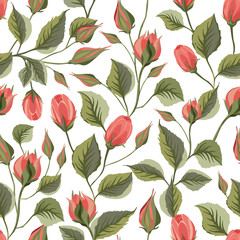 Red rose flower vector seamless pattern in a flat style. Provence romantic floral illustration. Botanical beautiful flora art on a white background.