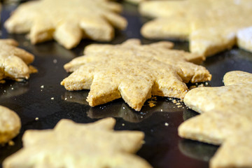 Close up shot of star shaped cakes on an owen tray