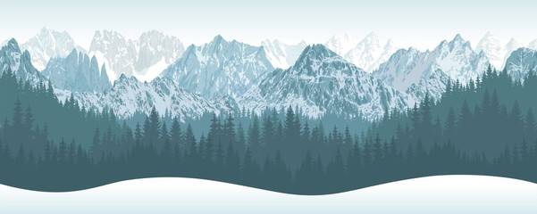 vector winter seamless mountains with woodland background illustration - obrazy, fototapety, plakaty