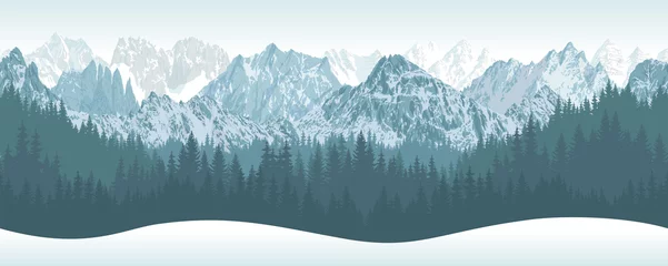 Papier Peint photo Blanche vecteur hiver montagnes transparentes avec illustration de fond boisé