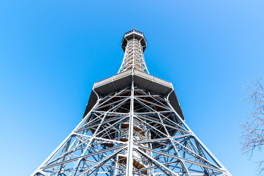 Petrin Tower. Detailed view on sunny day with blue sky background. Prague, Czech Republic