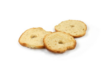 Sliced bruschetta on white background. Crusty bread bruschetta.