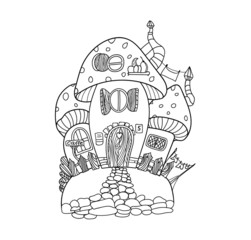 Coloring page. Cartoon cute mushroom illustration. Childish design for kids activity colouring book about mushroom, cats. Vector colorless illustration for book cover. Freehand sketch