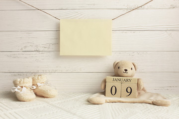 Calendar. January 9th. Day 9th of month. Teddy bear holding wood cube calendar with date of month...