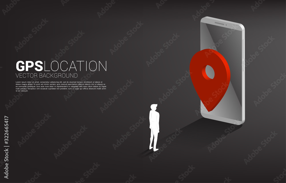 Poster silhouette of businessman with 3d gps pin marker and mobile phone. concept of location and facility 