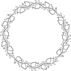 Black on transparent branches with pomegranates on it wreath.Copy space pomegranate circle framing for Rosh hashanah holiday, harvest festival decoration