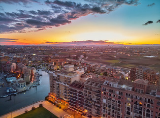 Aerial view of Port Saplaya at sunset. Valencia. Spain