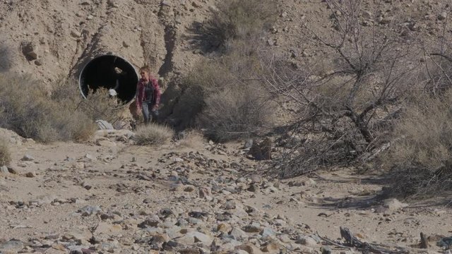 Woman and dogs walking out from drainage culvert in desert.