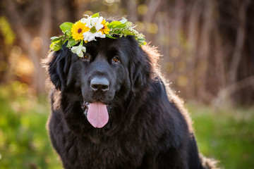 Close up portrait of black dog wearing a floral wedding wreath