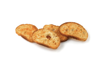 Sliced bruschetta on white background. Crusty bread bruschetta.