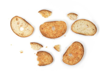 Sliced bruschetta on white background. Crusty bread bruschetta.