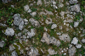 Fototapeta premium Gray stones on green grass. Flat lay