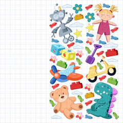 Kindergarten vector pattern with toys. Children play and grow together.