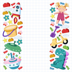 Kindergarten vector pattern with toys. Children play and grow together.