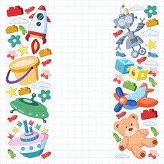 Kindergarten vector pattern with toys. Children play and grow together.