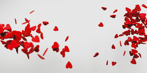 Flying red hearts on white background, Soft Focus With Bokeh. Valentines Day Wedding Love Idea