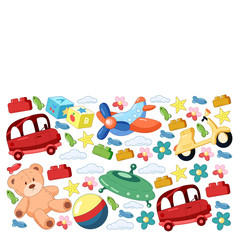 Kindergarten vector pattern with toys. Children play and grow together.
