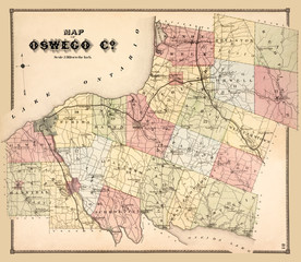 Fototapeta na wymiar Map of Oswego County, New York published in 1867, a restored reproduction. I have selected interesting, old 19th and early 20th century graphic images for digital restoration and editing. 