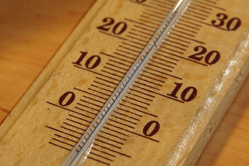 classic analog room thermometer in a wooden frame
