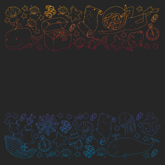 Vector set with underwater diving icons and pirate elements. Treasure chest, ship, octopus, diver. Little boys and kingergarten preschool girls summer vacation and adnventure