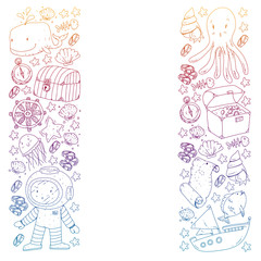 Vector set with underwater diving icons and pirate elements. Treasure chest, ship, octopus, diver. Little boys and kingergarten preschool girls summer vacation and adnventure