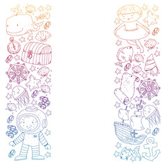 Vector set with underwater diving icons and pirate elements. Treasure chest, ship, octopus, diver. Little boys and kingergarten preschool girls summer vacation and adnventure