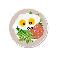 Fried egg, tomato and green pea on a plate, isolated on a white background. Food ads are used for menus, the Internet, advertising. Vector
