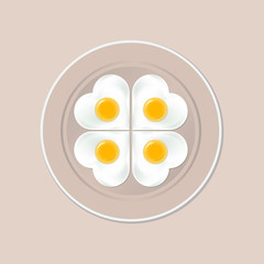 Fried eggs in the shape of a heart on a plate for Valentine's Day isolated on a light background. Food ads are used for menus, the Internet, advertising, and brochures. Vector illustration