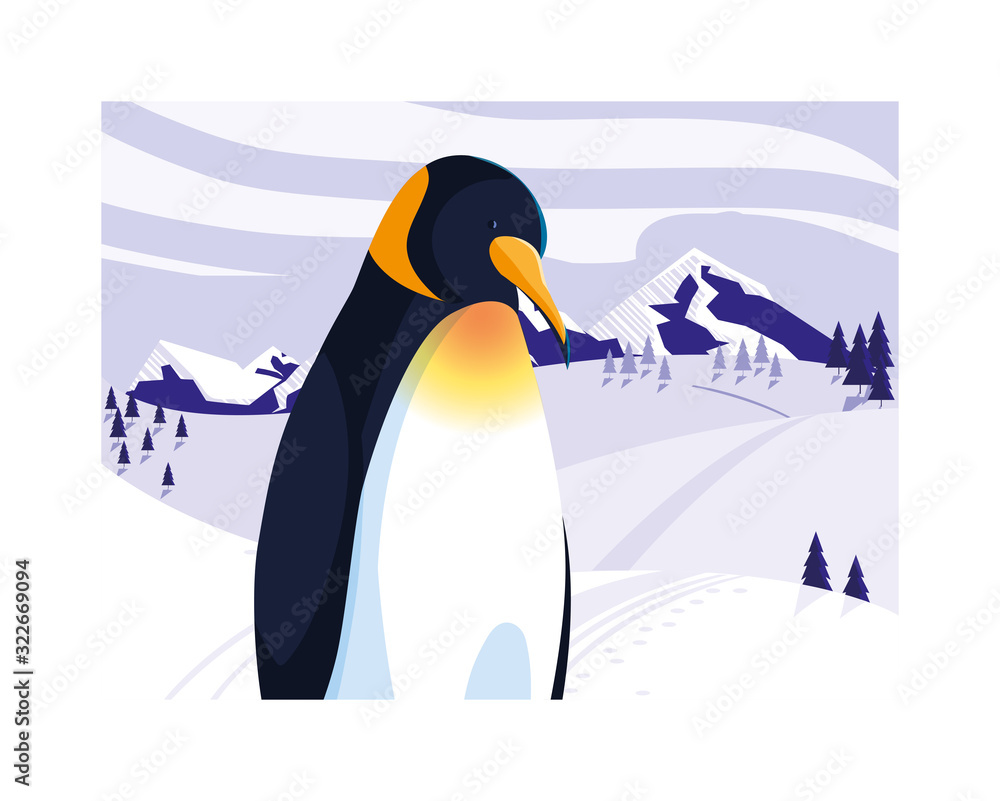 Sticker penguin at the north pole, arctic landscape