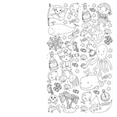 Pirate party. Illustrations for little children. Kids birthday celebration with treasure island, octopus, pirates