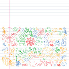 Pirate party. Illustrations for little children. Kids birthday celebration with treasure island, octopus, pirates