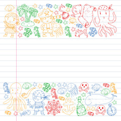 Pirate party. Illustrations for little children. Kids birthday celebration with treasure island, octopus, pirates