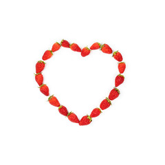 Heart shape of strawberries in the line. Red fresh strawberry in studio light on the pure white background.