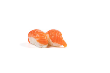 Sushi Salmon, The Japanese traditional food rice ball with fresh salmon fish slice on top. On white clear background with studio light. Clipping path.