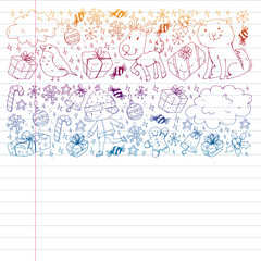 Obraz premium Christmas pattern with little children. Kids play and have fun during winter vacations.