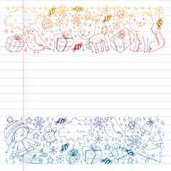 Christmas pattern with little children. Kids play and have fun during winter vacations.