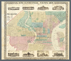 Decorative map of Philadelphia, Pennsylvania, with eight vignette views of main Centennial Exhibition buildings, 1876, commemorating 100th anniversary of the signing of the Declaration of Independence