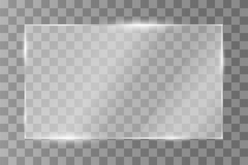 Transparent rectangular glass with highlights and rays of light. Realistic glass background. Transparent background. Vector