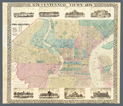 Decorative map of Philadelphia, Pennsylvania, with eight vignette views of main Centennial Exhibition buildings, 1876, commemorating 100th anniversary of the signing of the Declaration of Independence