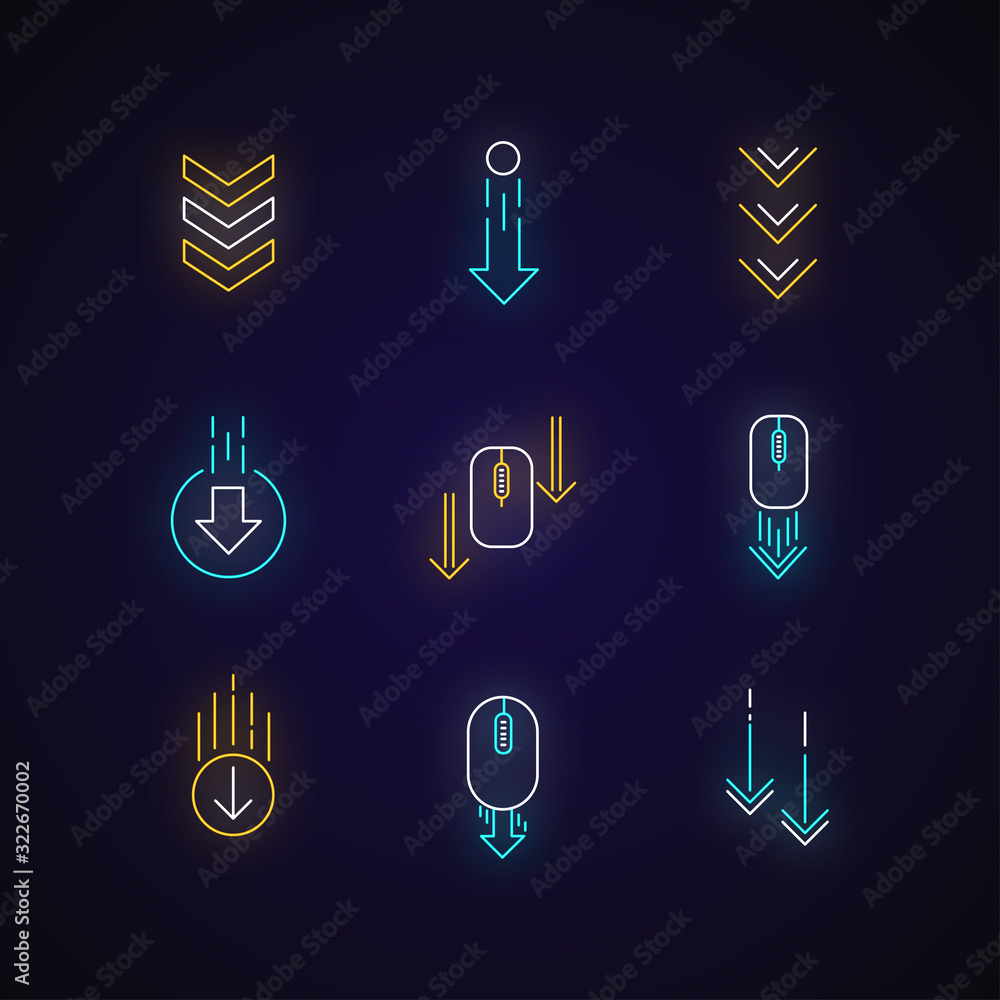 Poster scrolling down arrows neon light icons set. computer mouse and arrowheads in circles buttons. web cu