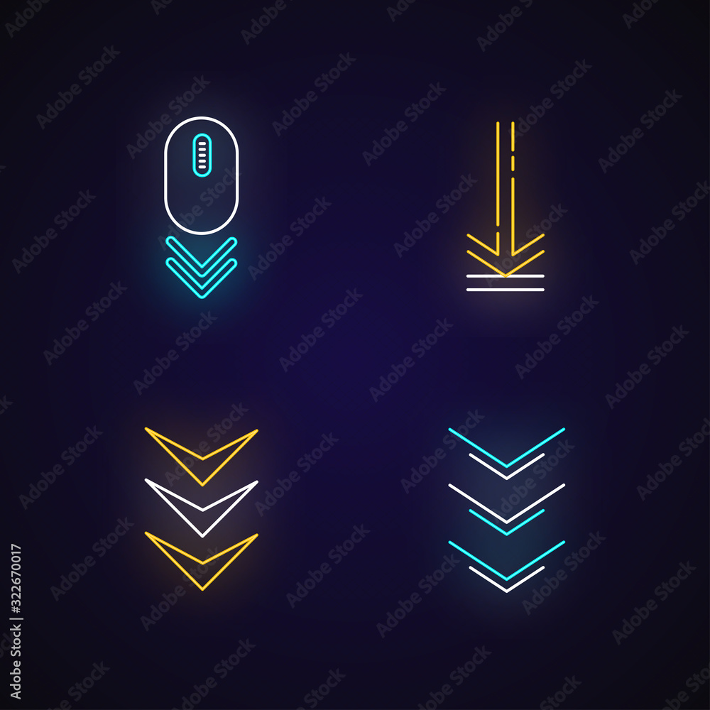 Poster scrolling down and uploading indicators neon light icons set. arrows interface navigation buttons. w