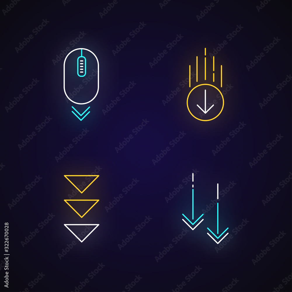 Aufkleber scrolling down neon light icons set. computer mouse and arrowheads in circles buttons. way direction