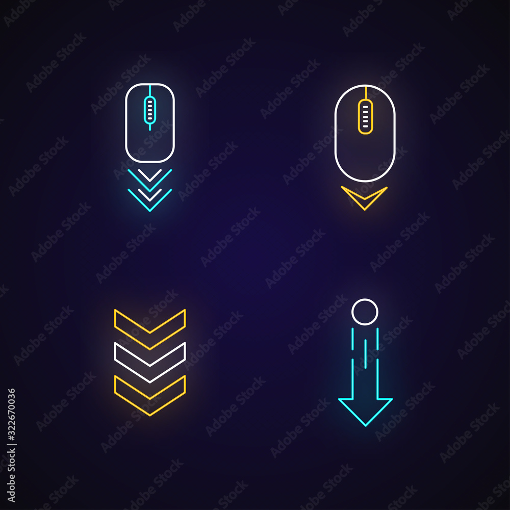 Poster scrolldown indicators neon light icons set. computer mouse and arrowheads, indicators. web page brow