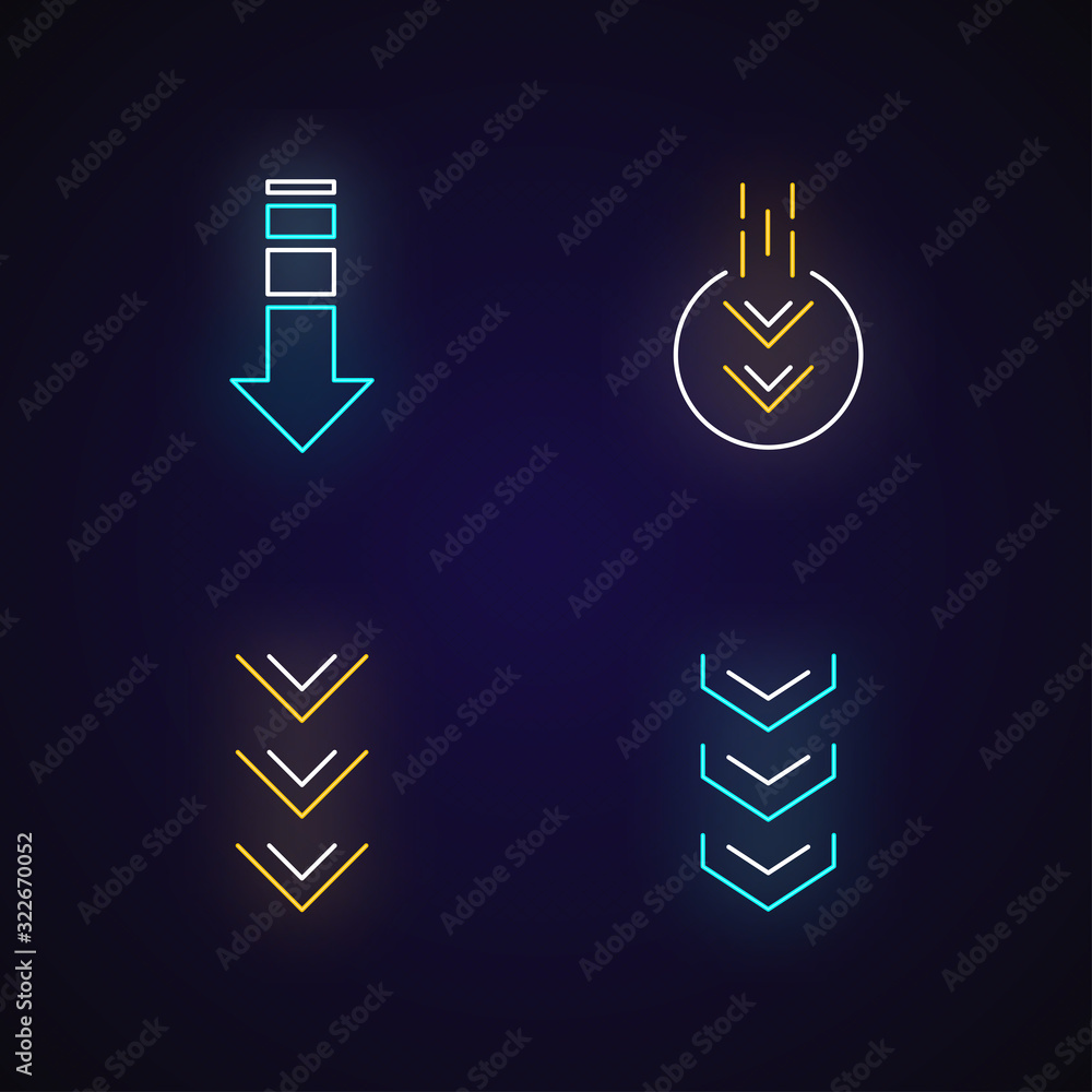 Poster down arrows neon light icons set. double arrowhead in circle. scrolldown buttons. arrows interface n